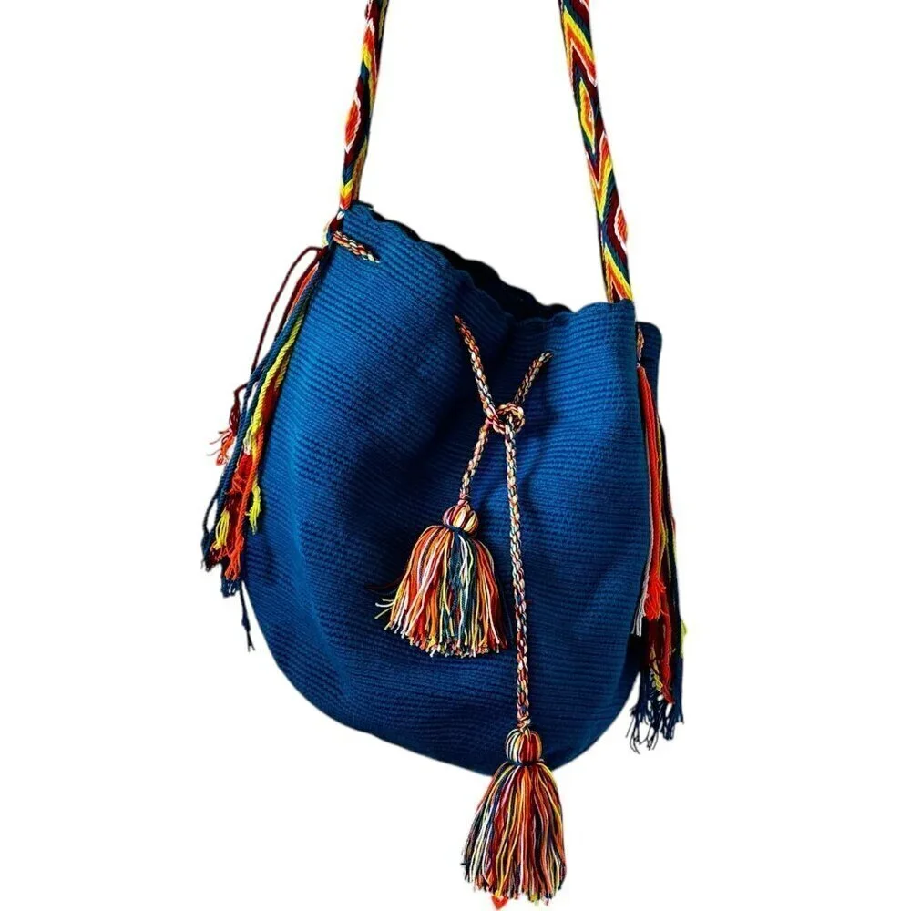 Wayuu Mochila Bucket Hobo Bag Columbian Riohacha Drawstring Multi Strap Blue